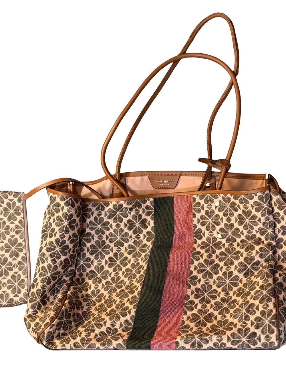 kate spade Floral Logo Tote with Green & Pink Center Stripe